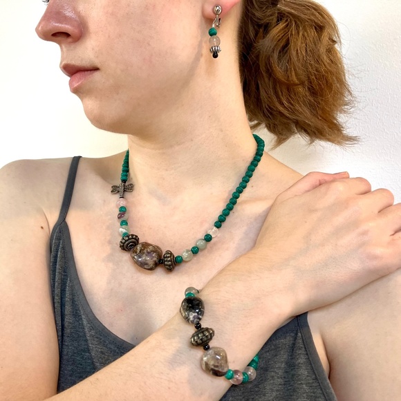 Dragonfly, Stone, and Faux Malachite Necklace, Bracelet, Clip-on Earring Set - Picture 7 of 11